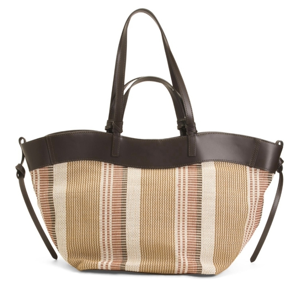 Woven Stripe Tote Bag with Dark Brown Trim